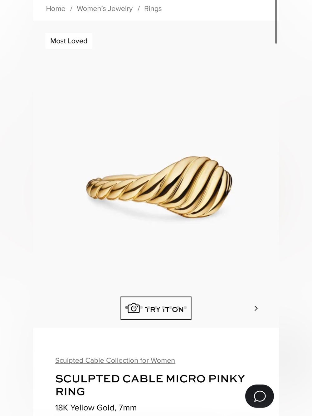 David Yurman Sculpted Cable Micro Pinky Ring Yellow Gold 6.5